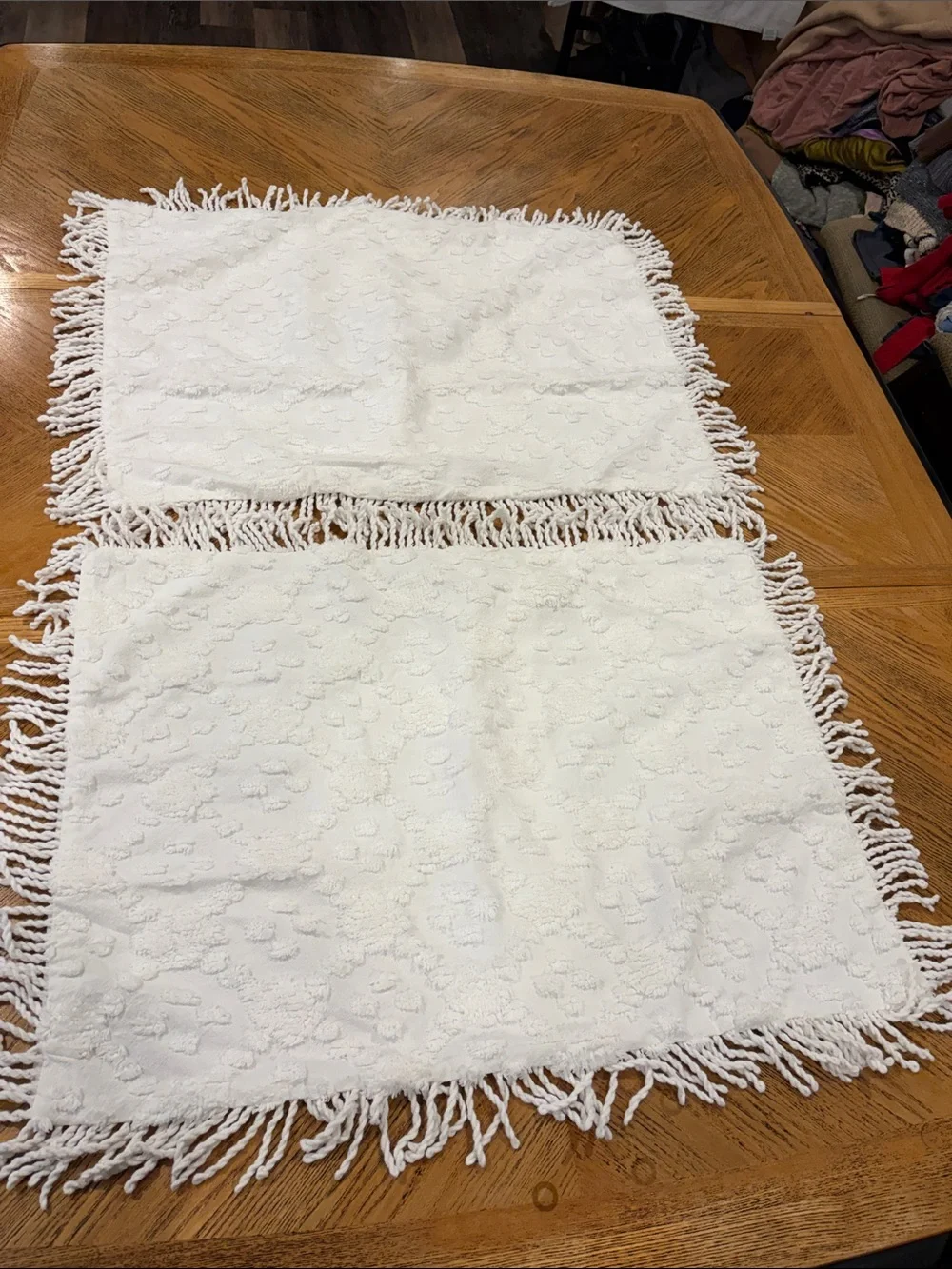 Vintage Two White Cotton Chenille Pillow Shams Standard Pair Fringe Boho Cottage